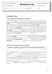 English Worksheet: mid semester test 2 9th form pilot school