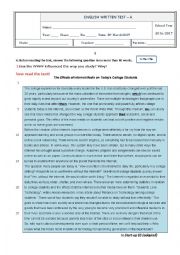 English Worksheet: Test 10th grade - Technology and college students - with key