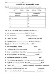 English Worksheet: Countable and uncountable Nouns