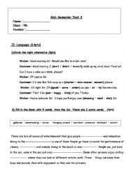 English Worksheet: Mid-Semester Test 3 9th Form