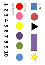 English Worksheet: SHAPES, COLOURS, NUMBERS