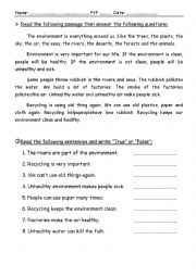 English Worksheet: A reading comprehension passage about the environment and the pollution