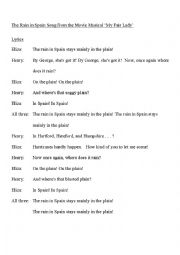 English Worksheet: Rain in Spain Song Worksheet Gap Filler