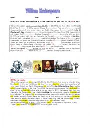 English Worksheet: A SHORT BIOGRAPHY OF WILLIAM SHAKESPEARE