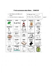 English Worksheet: Find someone who likes survey BINGO