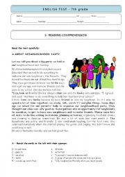 English Worksheet: 7th grade TEST - A Neighbourhood party