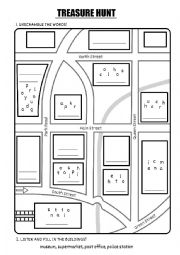 English Worksheet: Treasure hunt - practicing directions and buildings