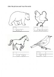 English Worksheet: animals: bird, bear, horse, chicken color and trace