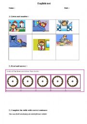 English Worksheet: english test : daily routine, time, present yourself, food