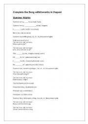 English Worksheet: Summer Nights - Complete the Song with the verbs in the past