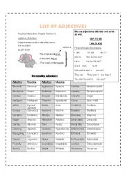 English Worksheet: LIST OF ADJECTIVES 