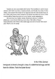 English Worksheet: Power Ranger, Spiderman Easter facts, story and puzzle and coloring