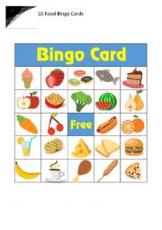 English Worksheet: 10 Food Bingo Cards