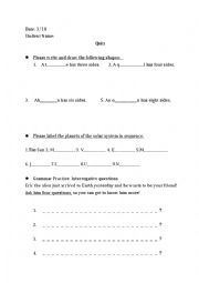 English Worksheet: Quiz on shapes, planets and interrogative sentences