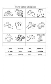 English Worksheet: WINTER CLOTHES CUT AND PASTE 