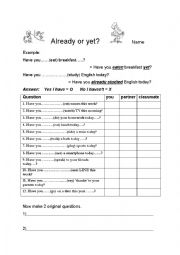 English Worksheet: Already or yet?