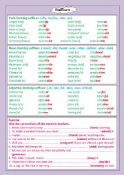 English Worksheet: common verb,noun & adjective suffixes