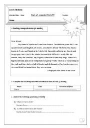 English Worksheet: End -of-semester test n2 ( 7th form)