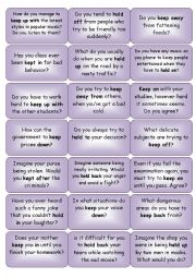 conversation cards hold and keep phrasal verbs