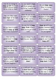 English Worksheet: conversation cards hold and keep phrasal verbs