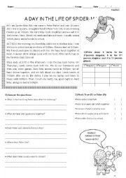 English Worksheet: Reading Worksheet: A Day in the Life of Spider-Man!