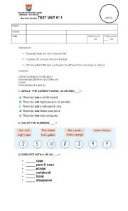 test about classroom objects colors and numbers 