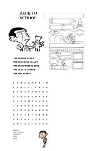 English Worksheet: Mr Bean Back to school /school objects 