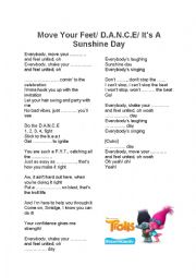 English Worksheet: Move Your Feet/ D.A.N.C.E. / Its A Sunshine Day | TROLLS