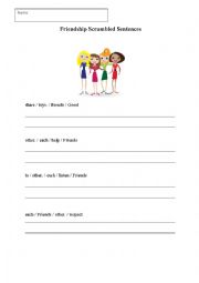 English Worksheet: Friendship Unscramble sentences and vocabulary wordsear