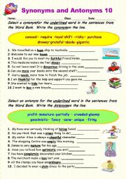 English Worksheet: Synonyms vs Antonyms  10