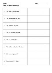 English Worksheet: read and draw picture: in/ on/ under