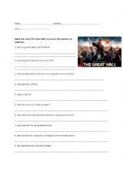 Movie Worksheet  The Great Wall Matt Damon