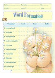 English Worksheet: prefix, root and suffix