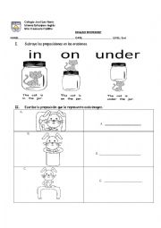 English Worksheet: in on under