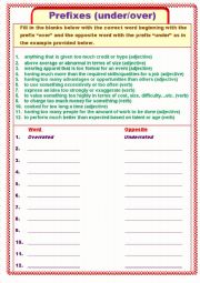 English Worksheet: Prefixes with under and over