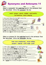 English Worksheet: Synonyms vs Antonyms 11