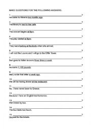 English Worksheet: Make questions for the following answers