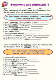 English Worksheet: Synonyms vs Antonyms 1