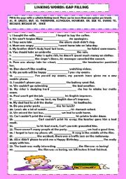 English Worksheet: Linking words: gap filling+ key