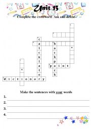 English Worksheet: School Tools - Crossword - pair activity
