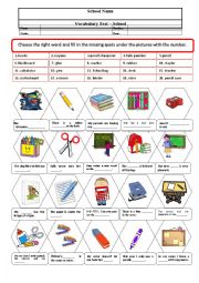 English Worksheet: School supplies exercise