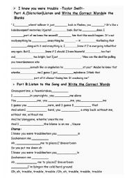 English Worksheet:  Practicing Simple Present&Simple Past-TROUBLE-Taylor Swift