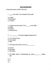 English Worksheet: Quiz on England