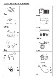 English Worksheet: Match the animals to its home.