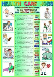 English Worksheet: HEALTH CARE JOBS and the Past Simple + KEY. 