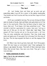 English Worksheet: end of semester 2 test 7th form