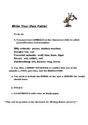 English Worksheet: Write a Fable- Using elements of Folklore