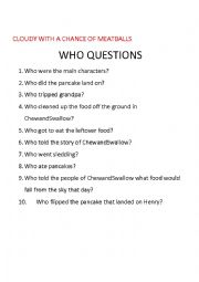 English Worksheet: Cloudy With a Chance of Meatballs Comprehension Questions