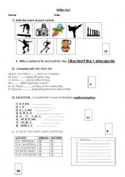 English Worksheet: TEST: LOKE/NOT LIKE + ING-ACTIVITIES-PLAY,GO,DO.