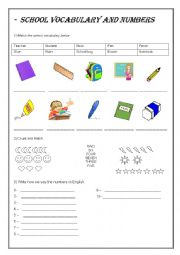 English Worksheet: School Vocabulary and Numbers